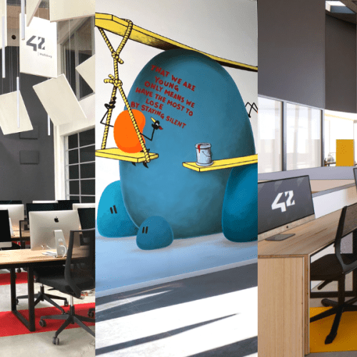 Some places of the 42 Wolfsburg campus (Germany): colorful workrooms with iMacs and a piece of art